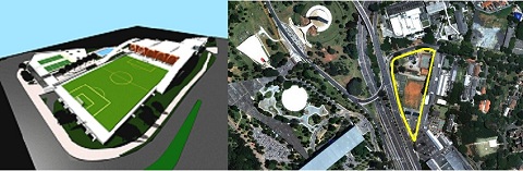 Projeto do Clube das Arcadas, que vai ser construído em frente ao Ibirapuera (à direita) (Foto: Divulgação/ Google Maps)