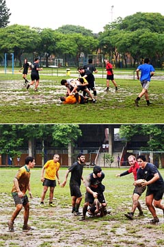 Atletas do time de rugby da FFLCH treinam no “meião”, inadequado para a prática do esporte (fotos: Patrícia Chemin)