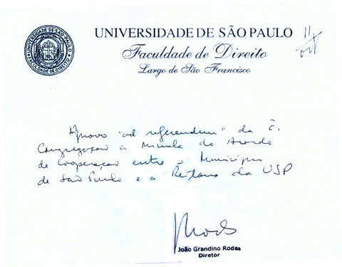 Documento em que Rodas assina Acordo de Cooperação Acadêmica entre a FD e a Prefeitura (Reprodução)