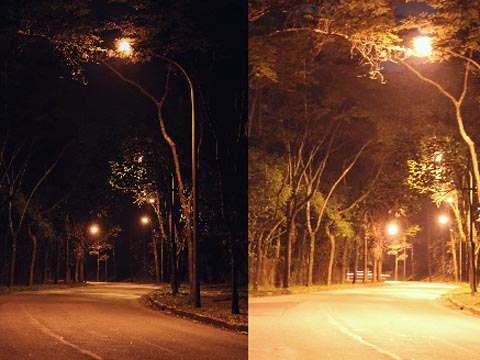 Comparativo entre o real e ideal de iluminação da Rua do Matão (foto e edição: Paulo Fávari/Raphael Martins)
