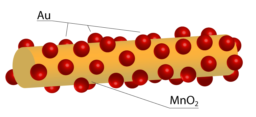 Nanofio de dióxido de manganês (MnO2), que suporta as pequenas partículas de ouro (Au)