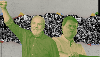 colagem com imagens de Lula e Tarcísio; Lula sorri e levanta o braço direito, enquanto Tarcísio tem semblante sério