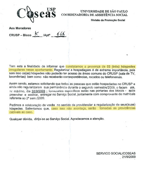 Fac-símile da carta enviada aos moradores