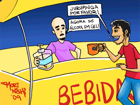 USP depois da gripe H1N1 e antes do fim da proibição do consumo de bebidas alcoólicas nas festas dentro do campus de Ribeirão Preto (charge: Vitor Morinishi)