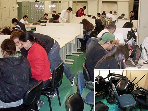 Sala de estudo da Física; no detalhe, cadeiras quebradas ocupam uma sala (fotos: Márcio Silva e Alice Agnelli)
