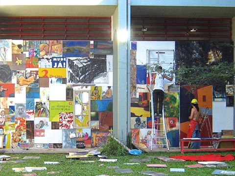 Alunos resgatam quadros abandonados no ateliê, transformando-os em nova obra de arte na parede do departamento (Foto: Guilherme Minoti/Danilo Bezerra)