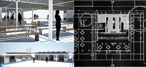 Projeções da nova cantina e do espaço de vivência. Ao lado, detalhe da planta da nova lanchonete (fotos: Pró-Salas/FAU–São Carlos)