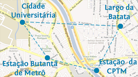 Possíveis pontos por onde a nova linha do circular deverá passar; trajeto terá cerca de 20 km (Gráfico: adaptado do Google)