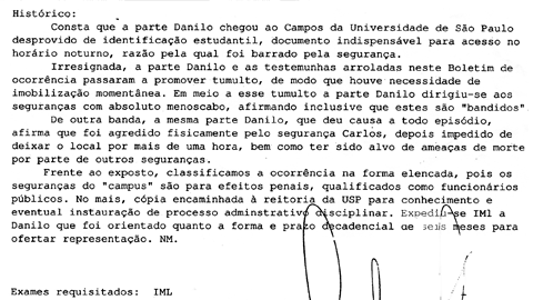 Detalhe do Boletim de Ocorrência, emitido no 51º Distrito Policial (foto: Reprodução)