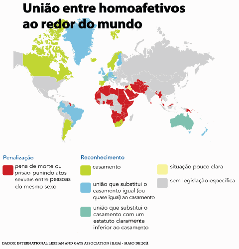 União entre homoafetivos ao redor do mundo (Arte: ILGA, adaptada por Cleyton Vilarino)