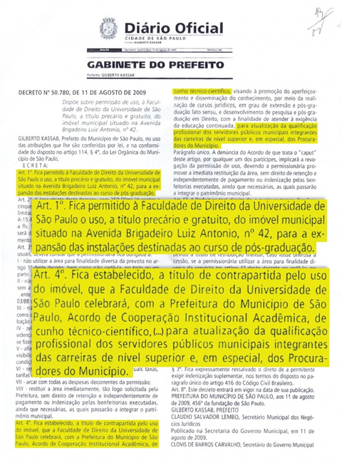 Decreto assinado por Kassab que dispõe sobre o uso do prédio (Reprodução/Bruno Federowski)