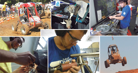 Carros Baja são protótipos para uso “off-road” feitos em aço. Em competições universitárias, devem ser pilotados por alunos (fotos: Arquivo da Equipe)