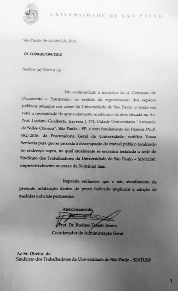 Comunicado recebido pelo Sintusp para desocupação do prédio da Vivência